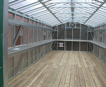A view of the 12x30 greenhouse from the inside where plants and seedlings live.