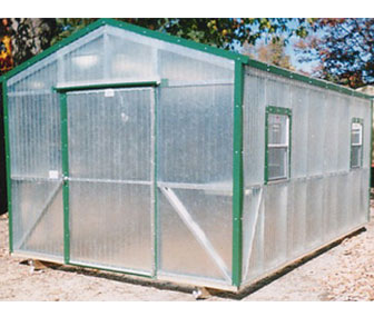 Here is a 10x16 Fiberglass greenhouse with green trim, a favorite choice for garden enthusiasts.