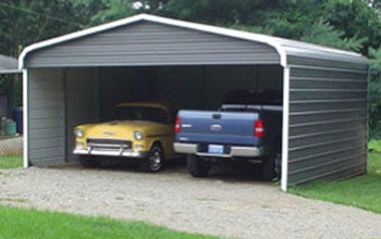 Displayed here is a dark grey rounded style roof carport with white trim.