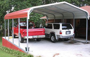 Red round roof carport with white trim installed on concrete to neatly match your home.
